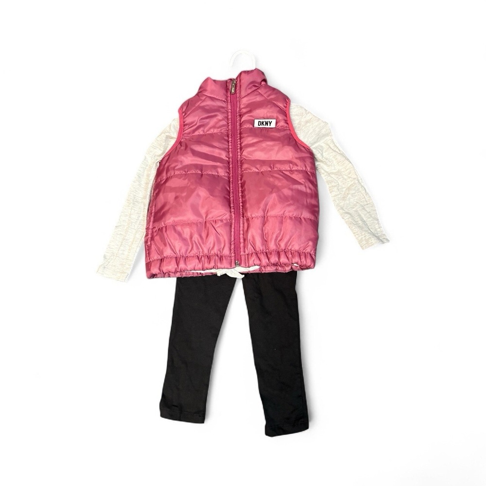 DKNY Kids Girls 3 Piece Outfit Vest Top Leggings Set Pink‎ Black Sz 5-6